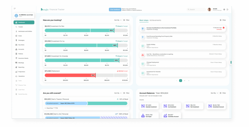 Financial adviser highlighting strategy impact via Beegle dashboard